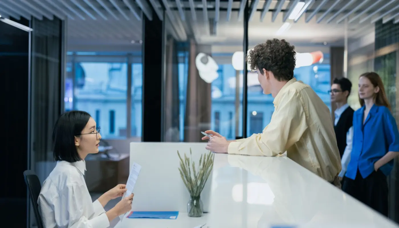 A modern open office with people working