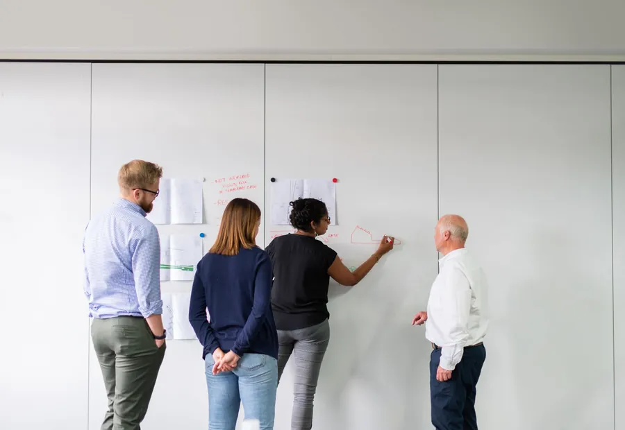 A team working through a plan on a whiteboard